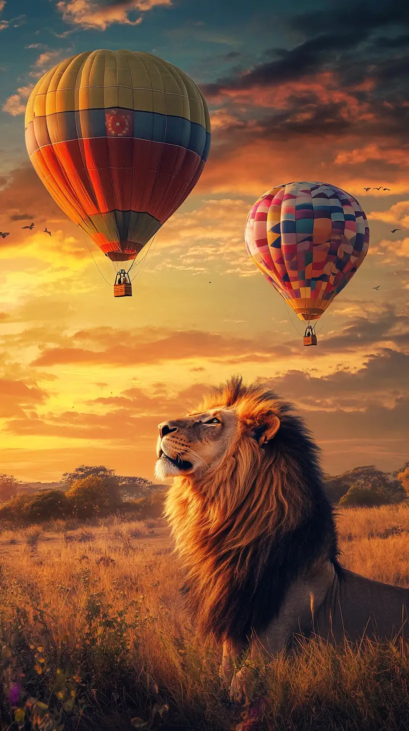 Curious lion watching hot air balloons at sunrise savanna