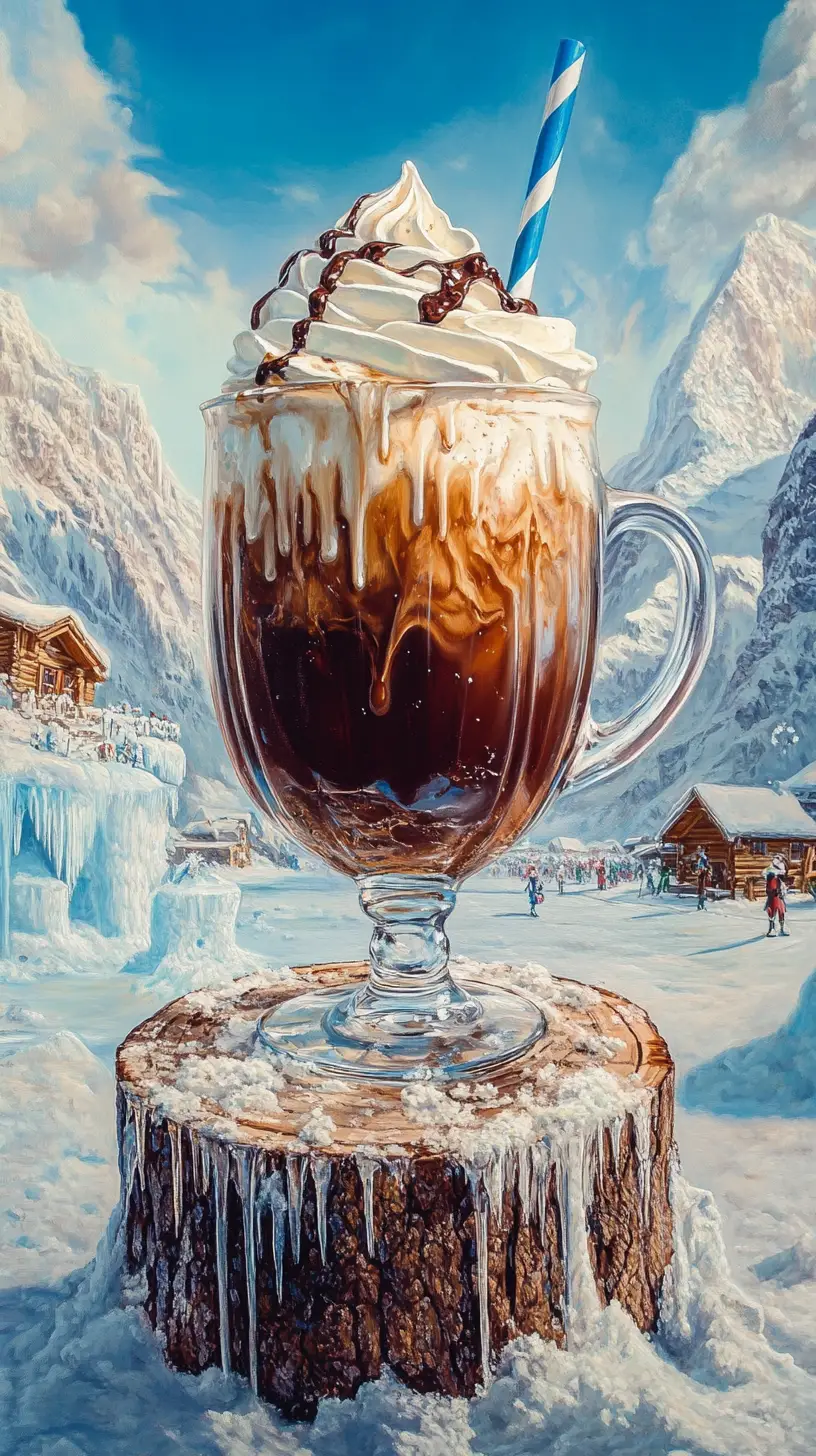 Giant Iced Coffee Mug In A Snowy Alpine Landscape