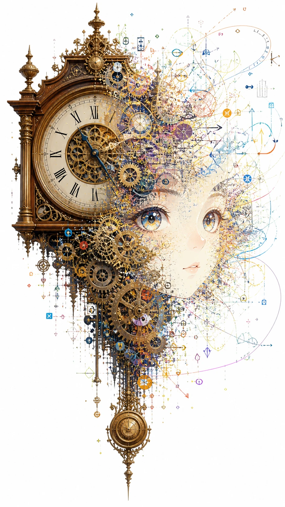 Surreal antique clock dissolving into symbols and brushstrokes