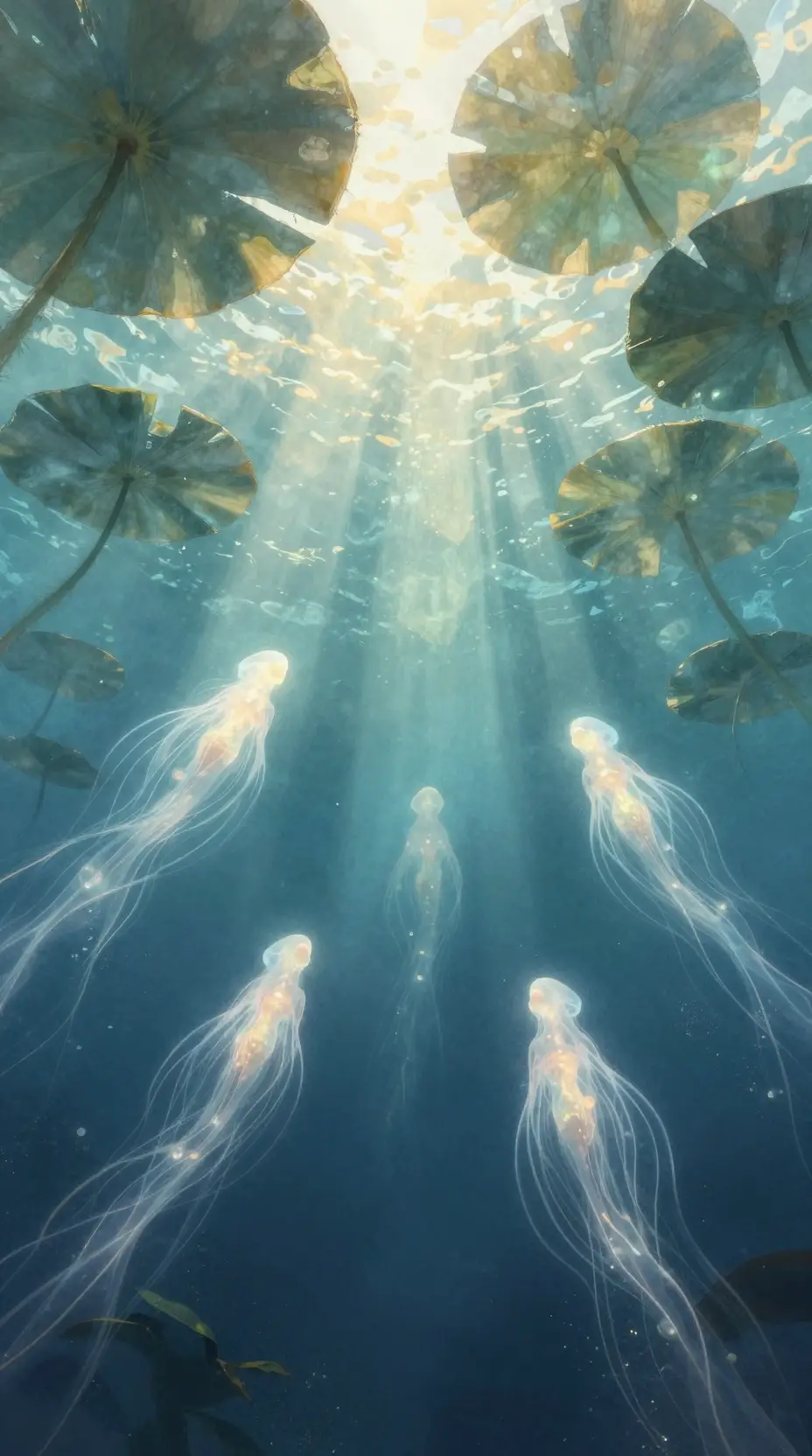 Underwater spirit beneath glowing lily pads and sunlight