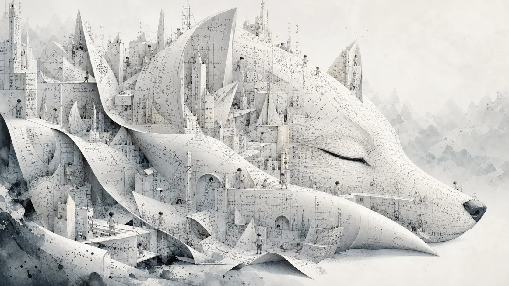Surreal paper cityscape rising from abstract brushstrokes