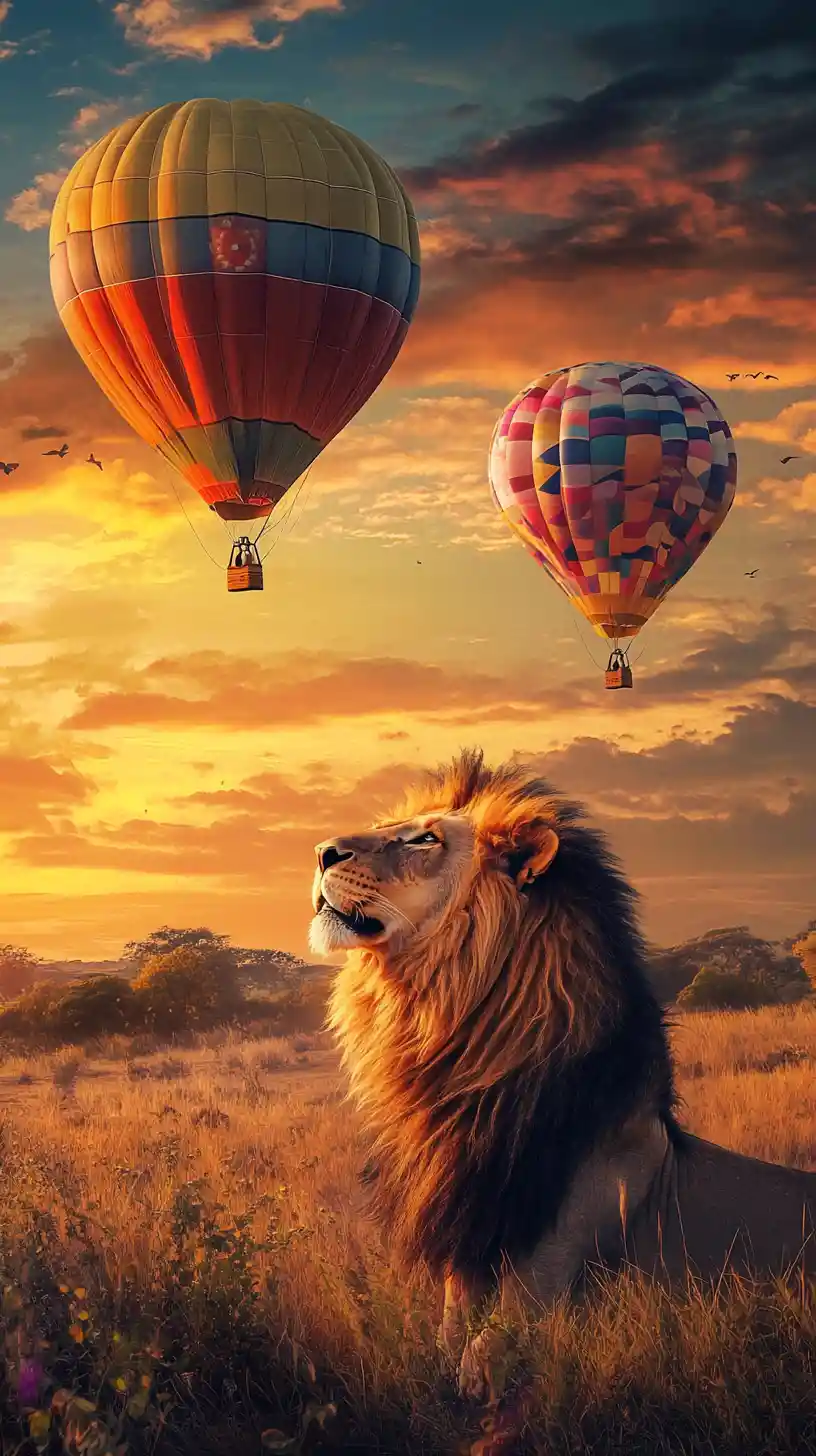 Curious lion watching hot air balloons at sunrise savanna