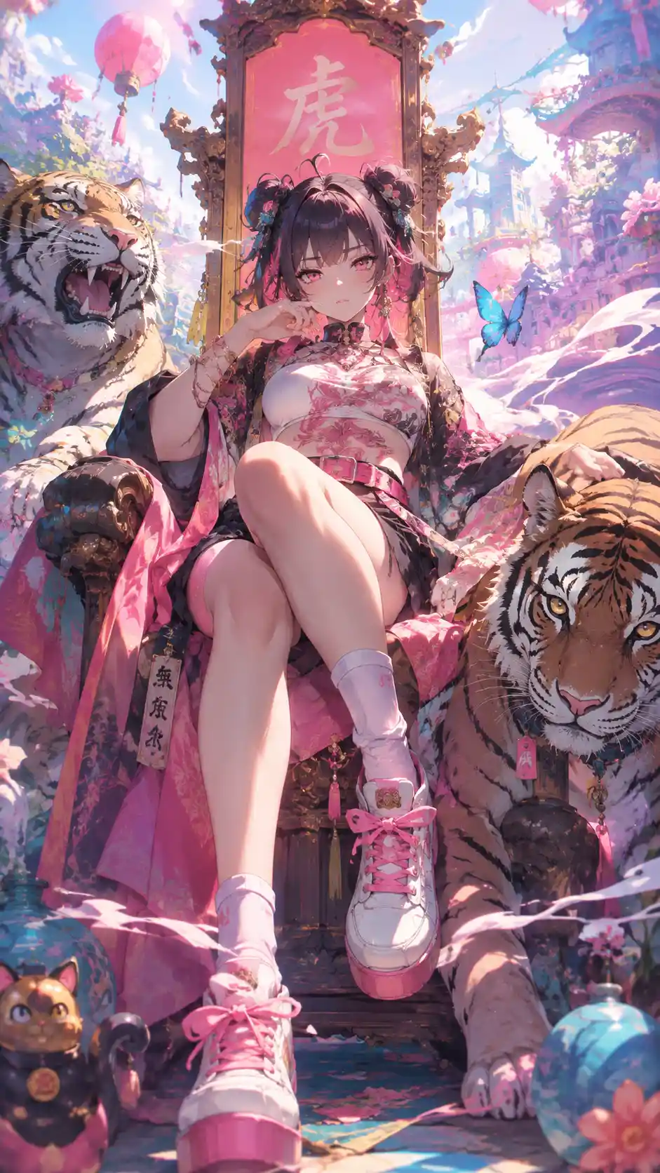 Playful anime girl in vibrant pastel theatrical illustration