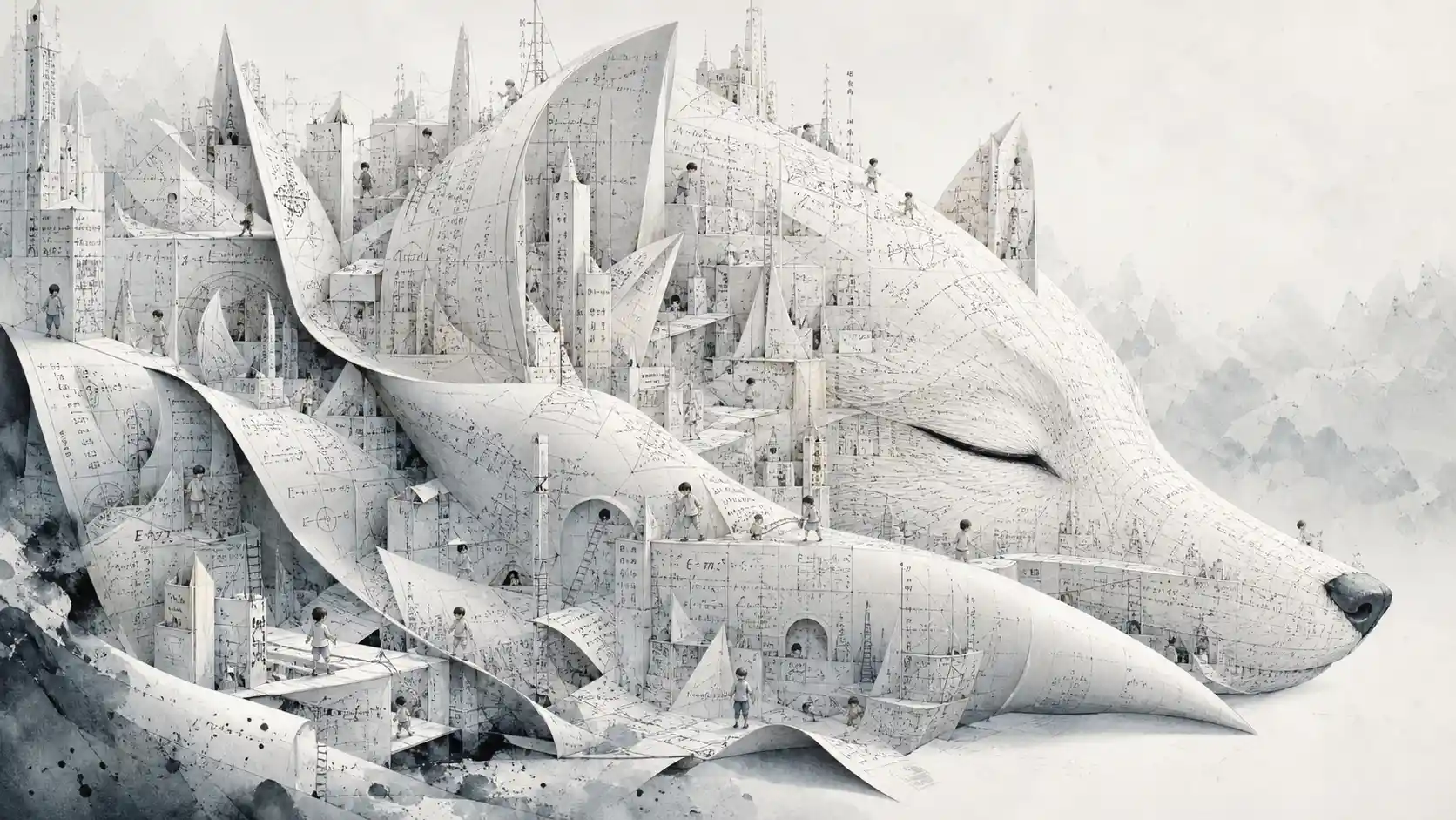 Surreal paper cityscape rising from abstract brushstrokes