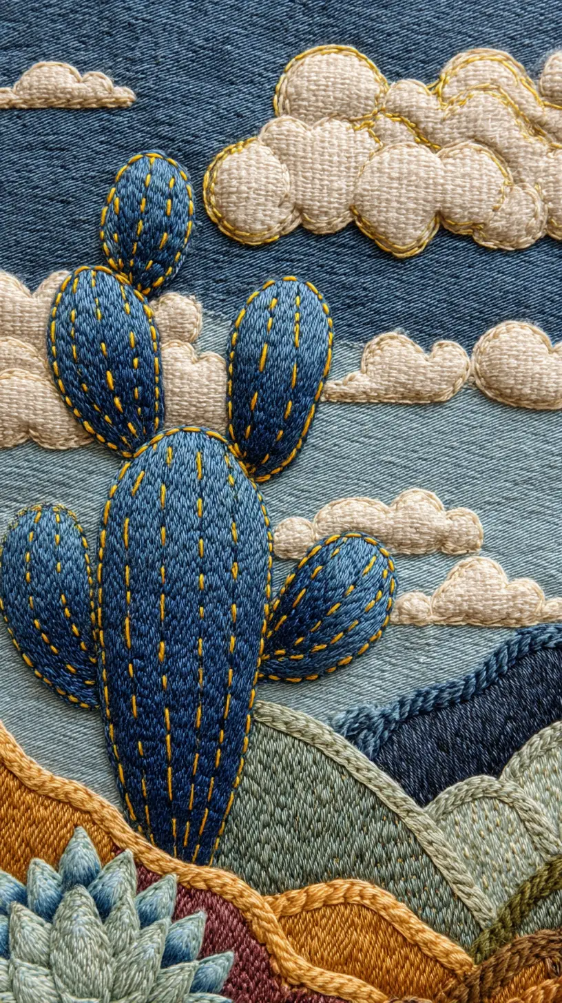Denim Cactus Textile Art In A Quilted Desert Scene