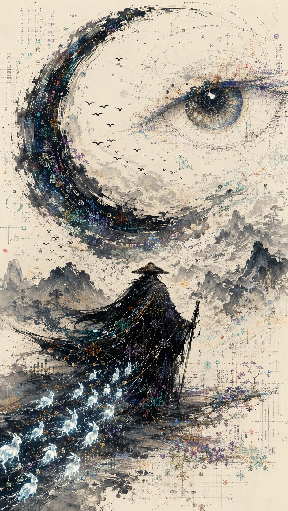 Supernatural guardian walking under an enormous crescent moon