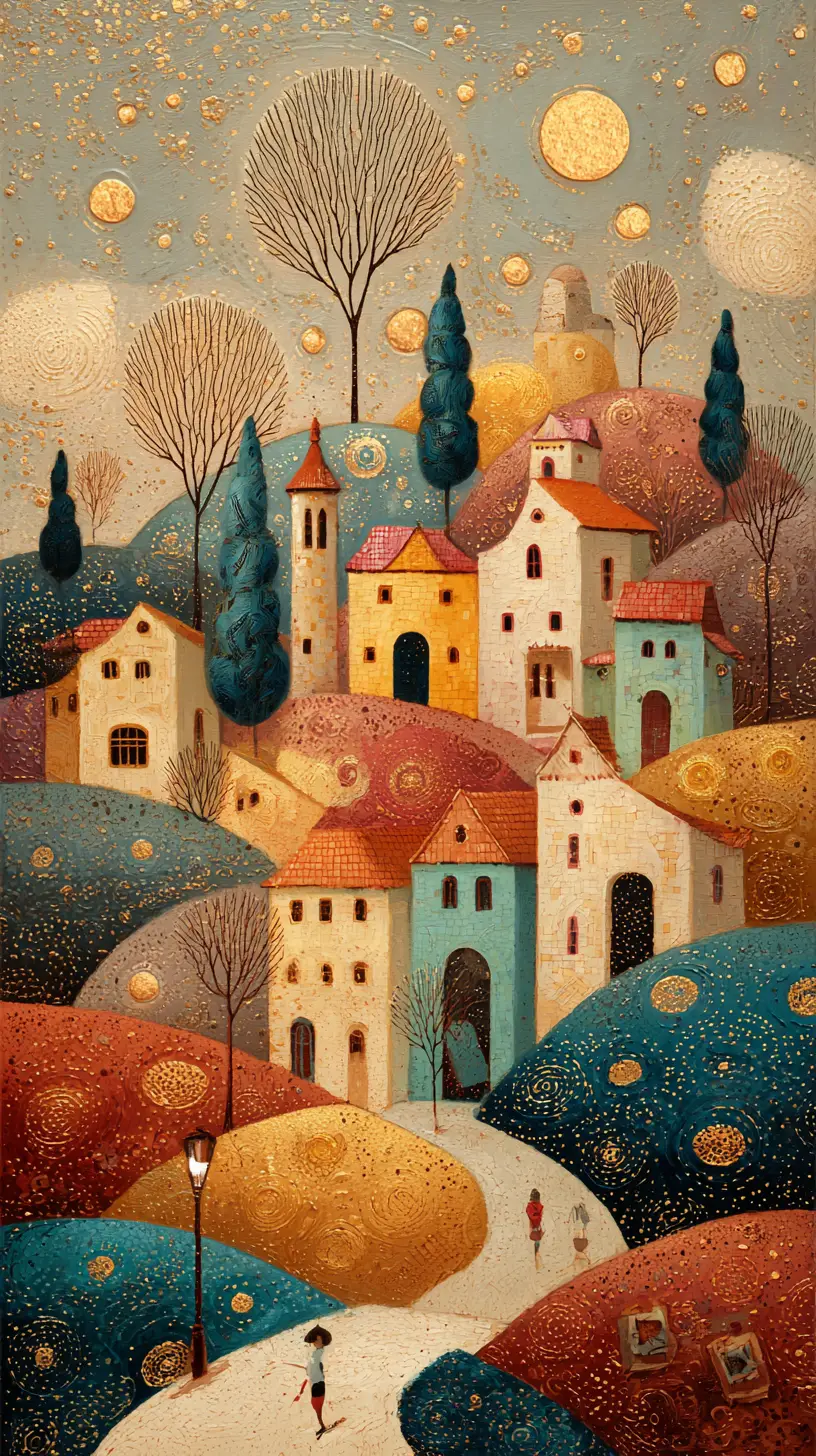 Fiabesco villaggio di arte popolare su dolci colline ornamentali