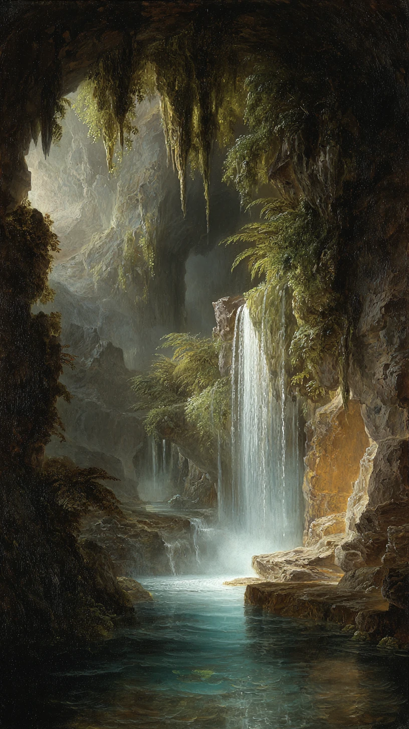 Cascade de grotte Renaissance baignée d’une lumière dramatique et lumineuse