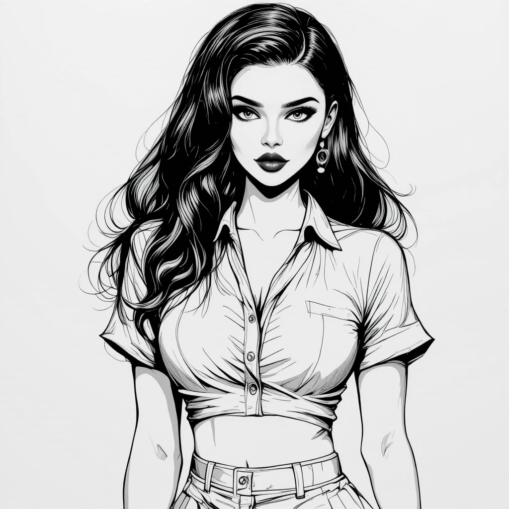 Serene ink portrait of a confident young woman in line art