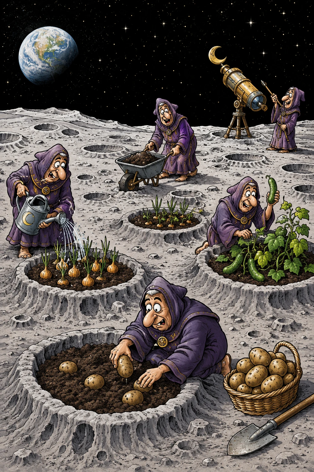 Humorous comic illustration of priests farming on the moon