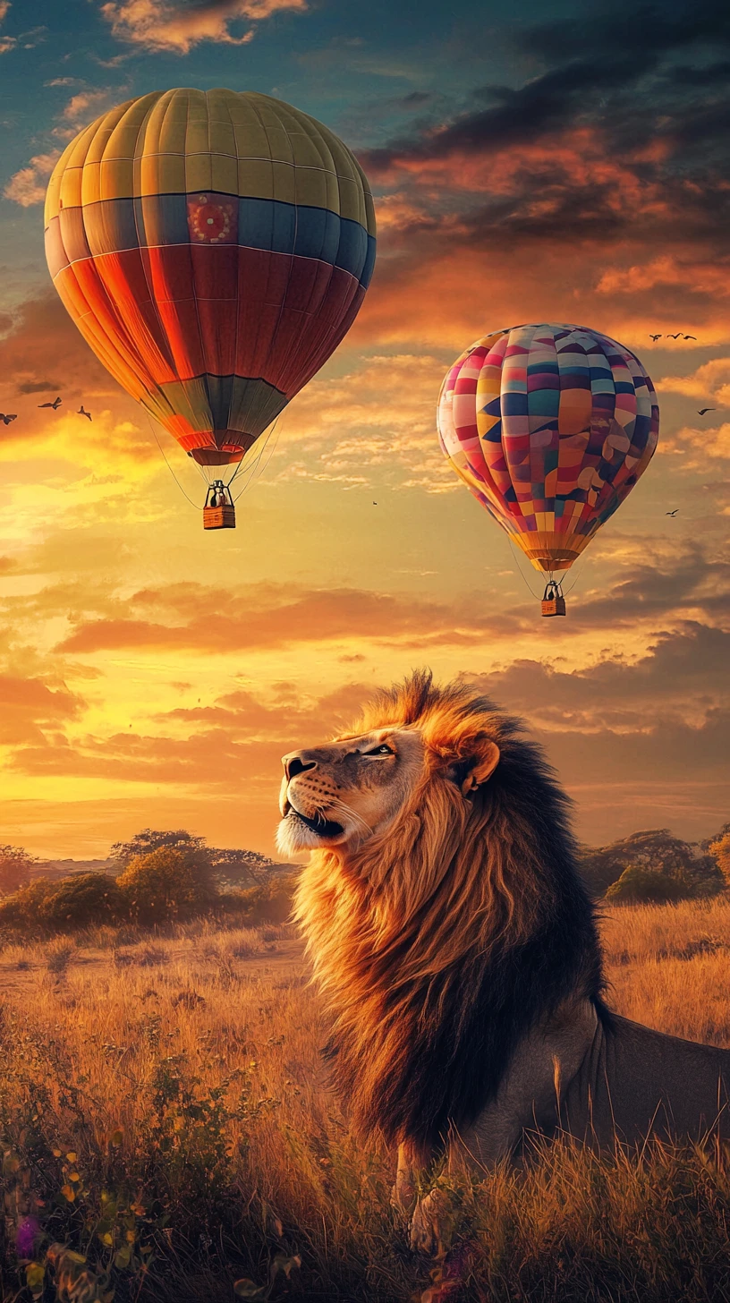 Curious lion watching hot air balloons at sunrise savanna