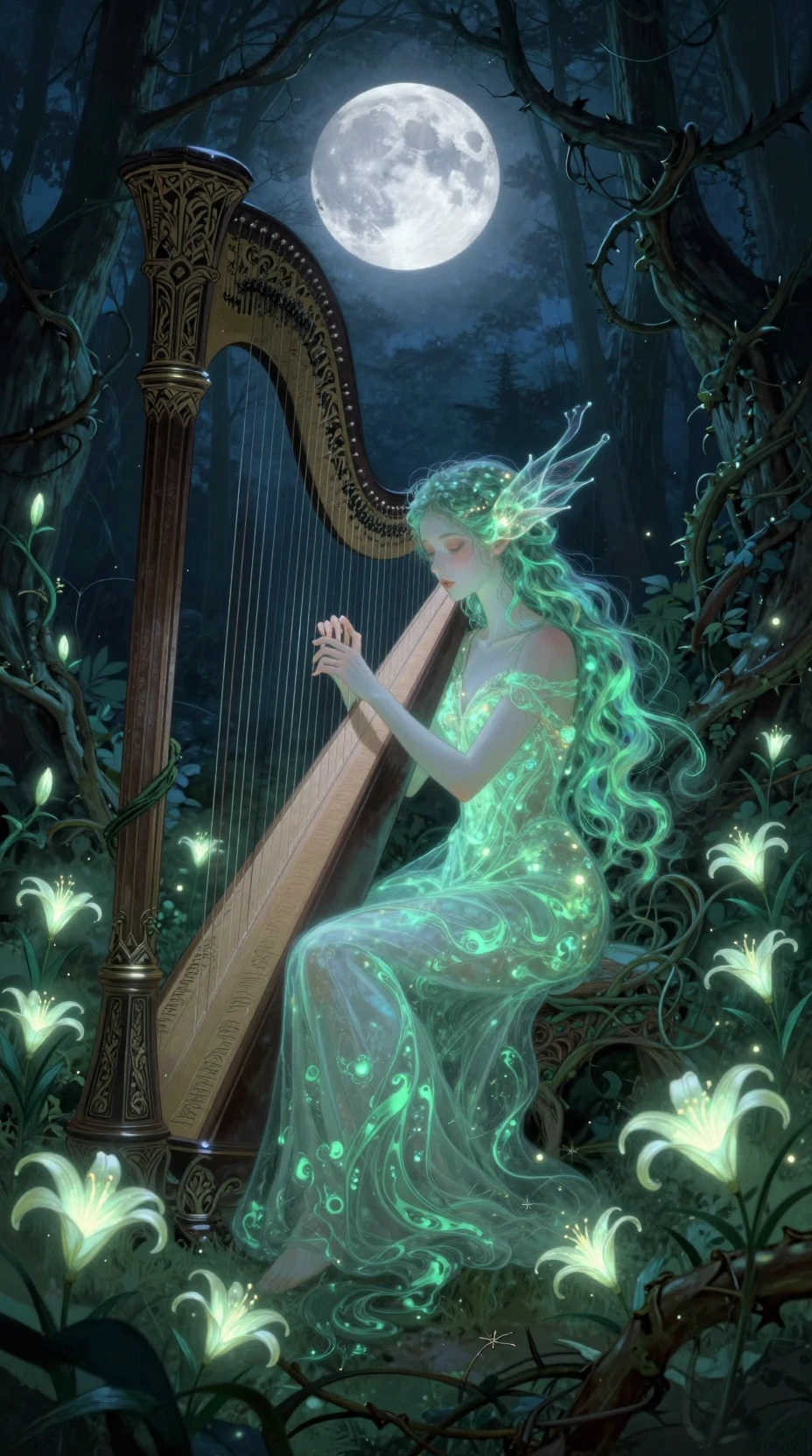 Ethereal being playing a harp in an enchanted forest