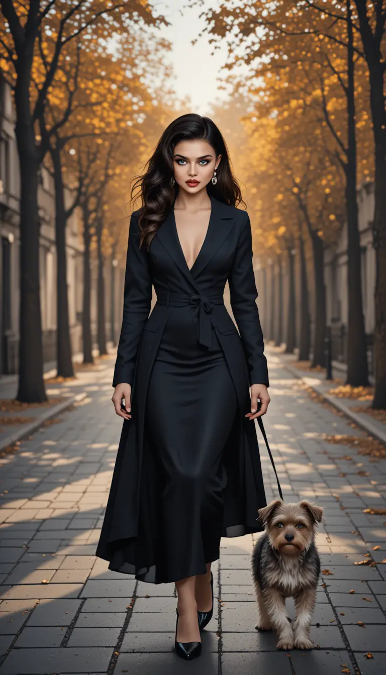 Elegant woman walking her dog on an autumn city street
