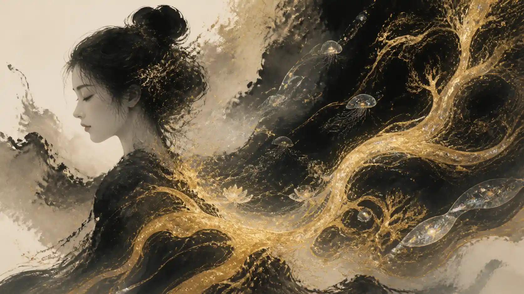 Flowing sumi ink forming glowing neural like pathways