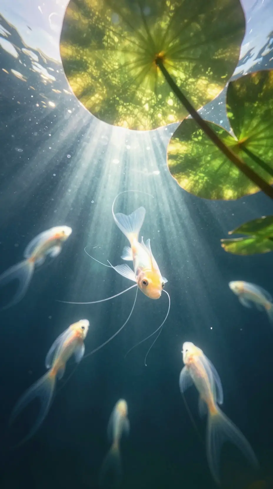 Underwater fish seen from below with glowing lily pads