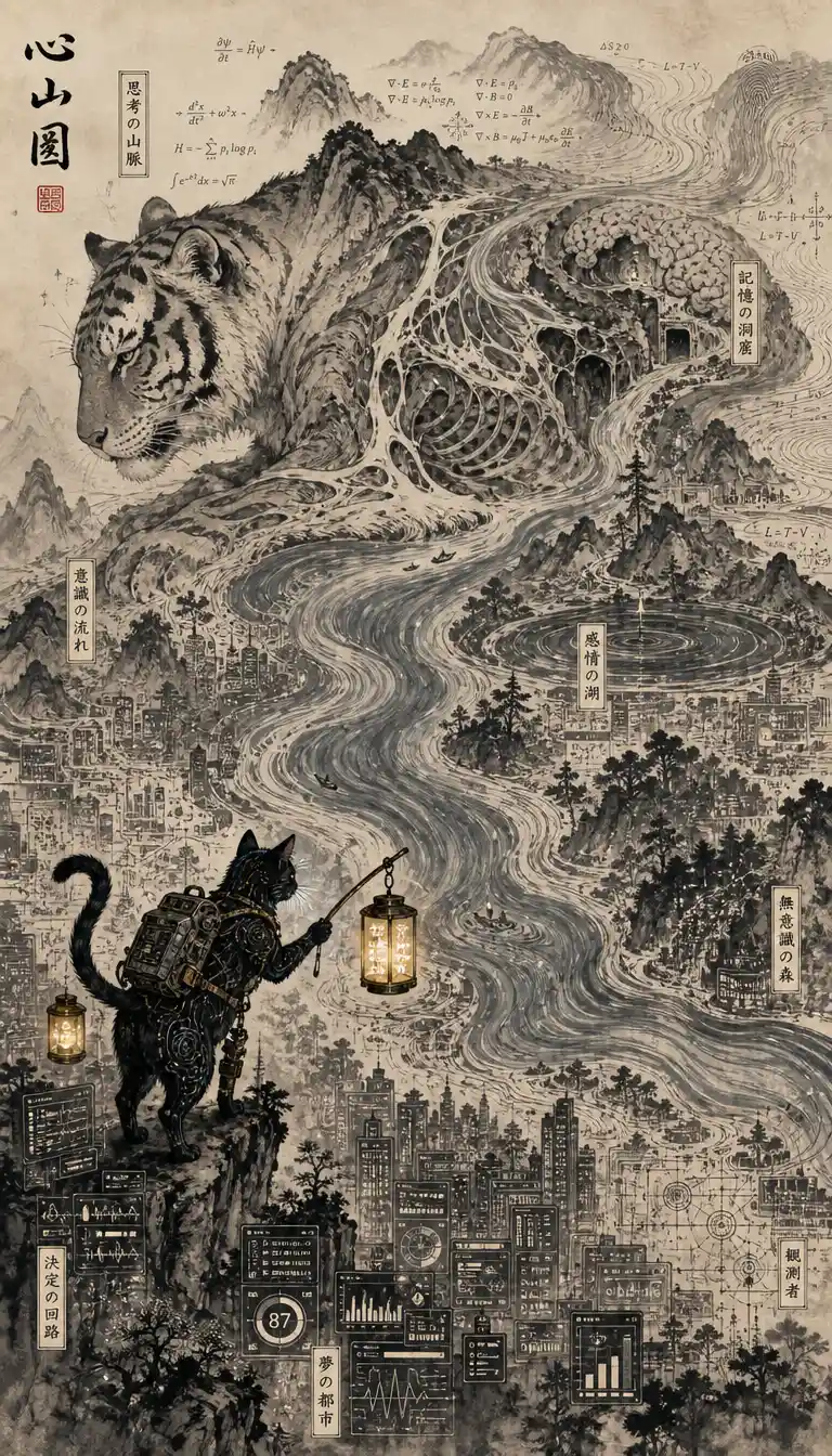 Ink mountains forming the hidden anatomy of a tiger
