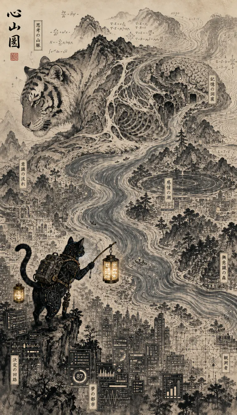 Ink mountains forming the hidden anatomy of a tiger
