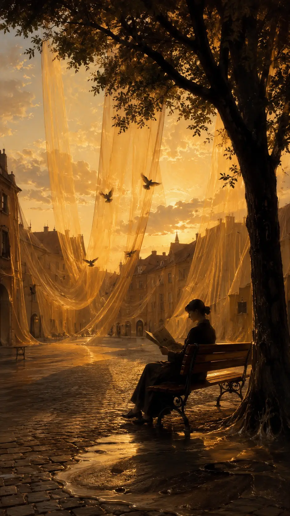Woman alone in a surreal town square at sunset