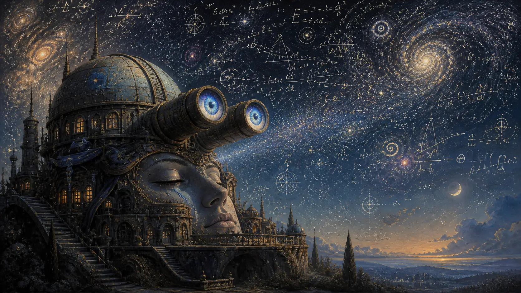 Ancient observatory with telescopes glowing like anime eyes