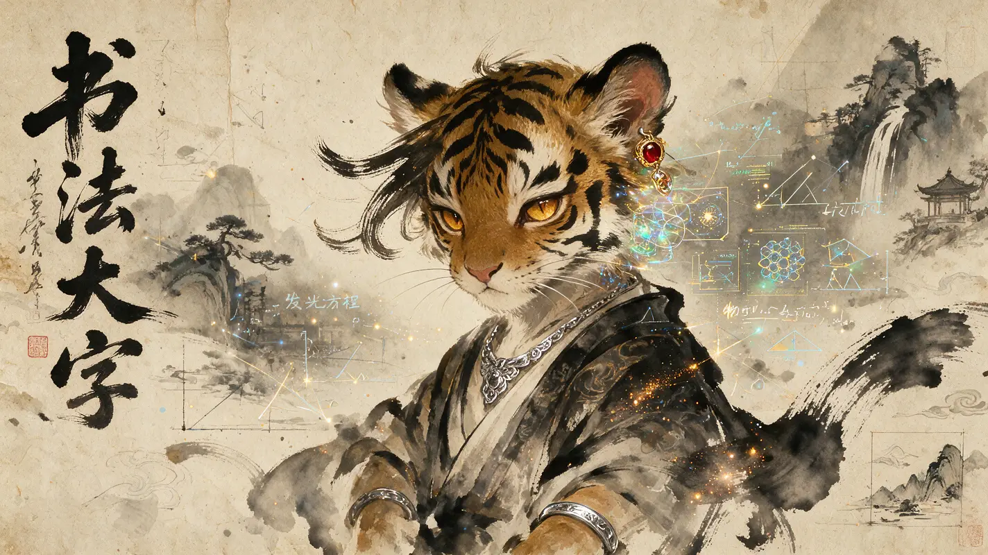 Futuristic feline child dissolving into expressive ink forms