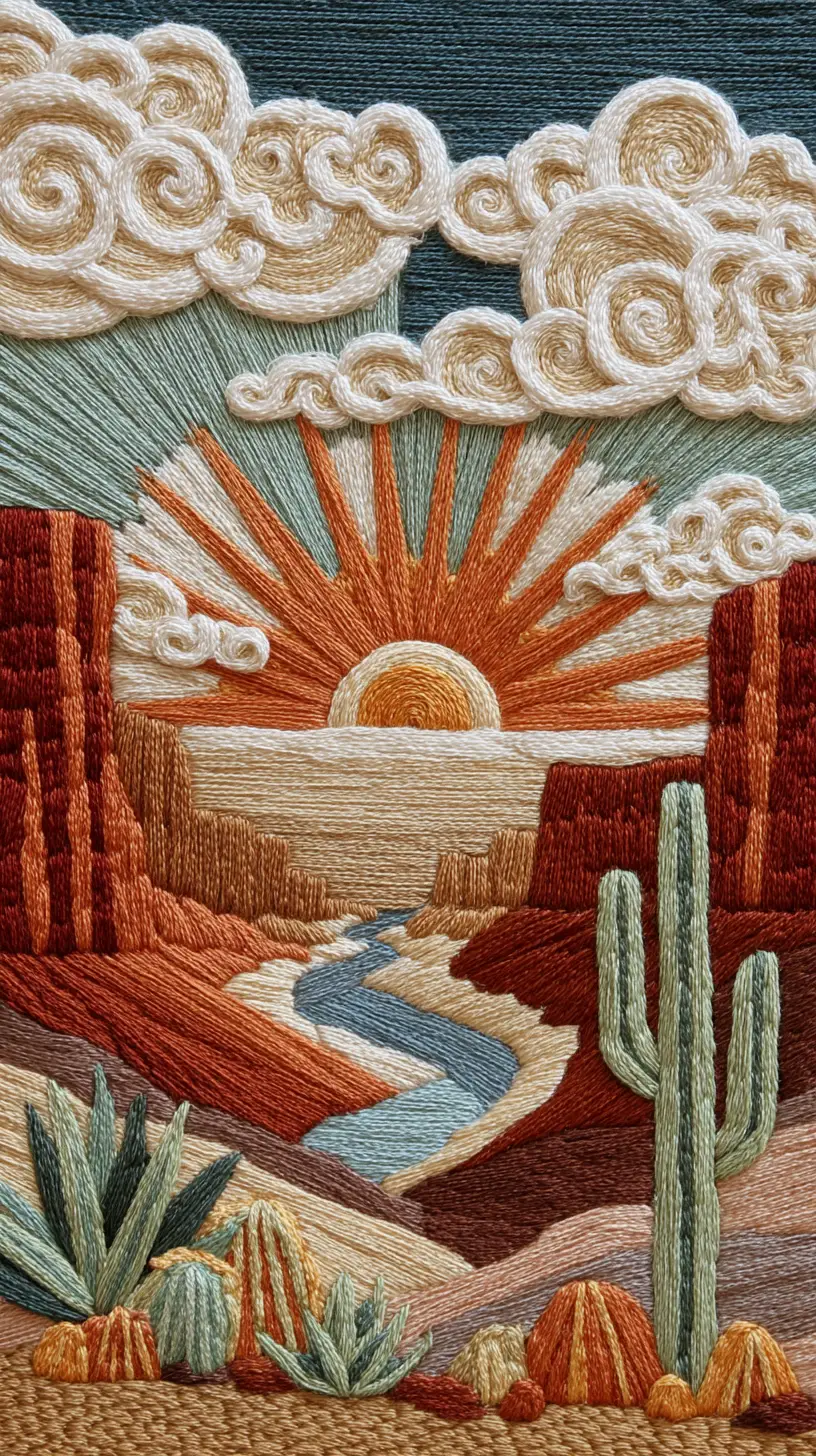 Embroidery of a desert canyon river at glowing sunset