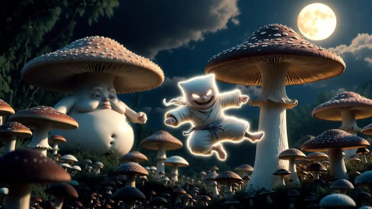 Ninja mushroom warrior flying through a moonlit garden