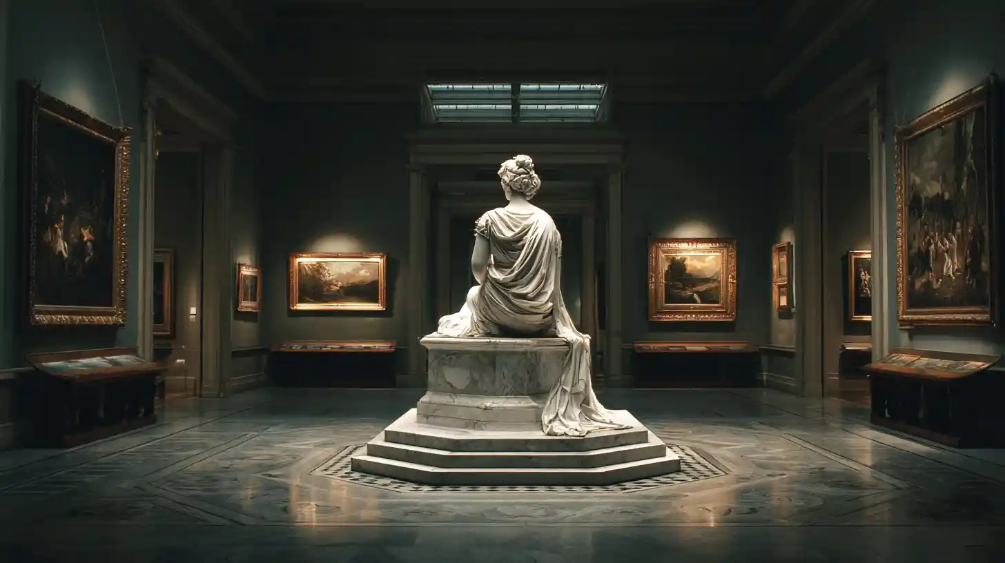 Marble statue of a woman highlighted in a classic museum