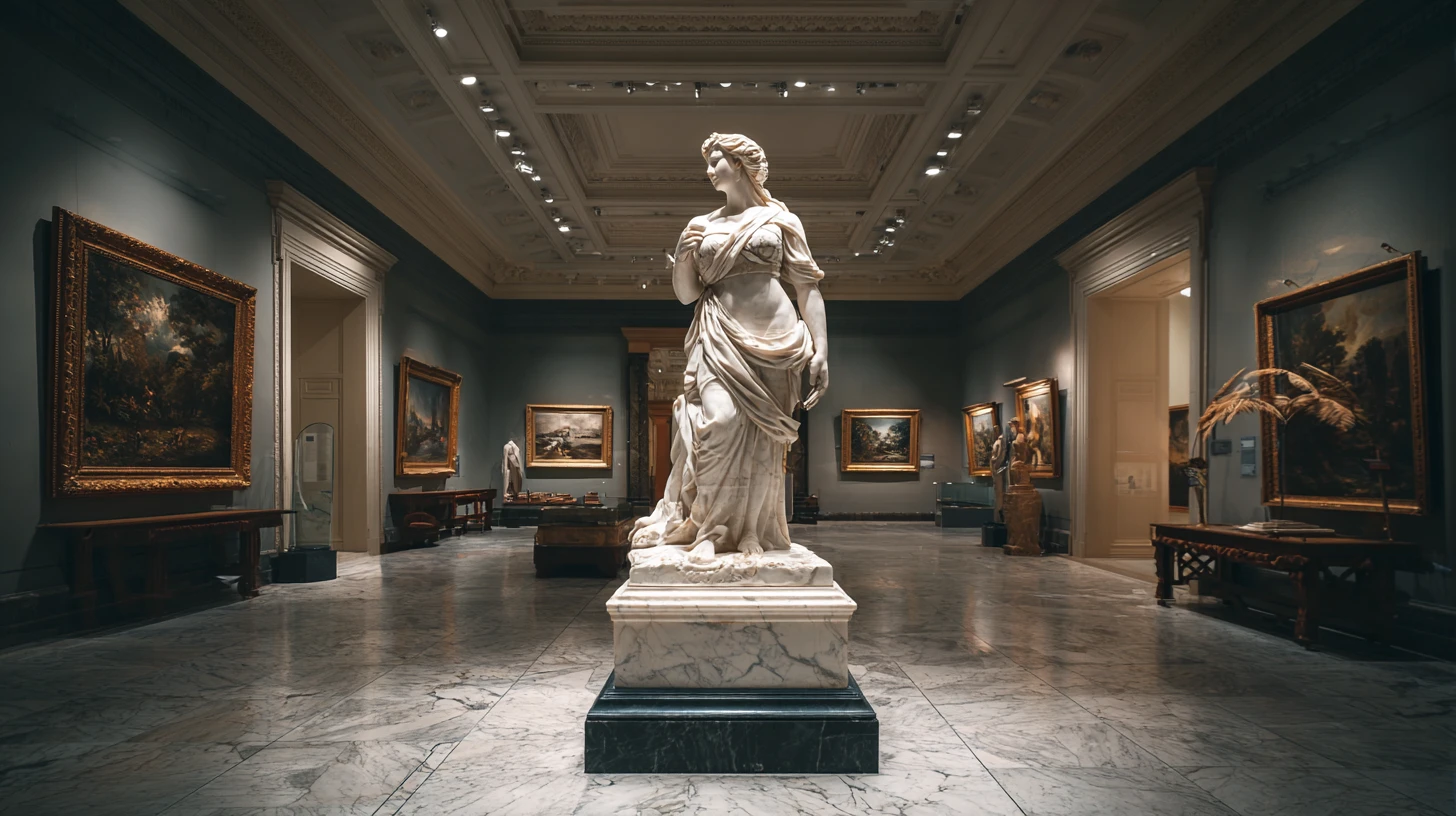 Marble statue of a woman highlighted in a grand museum