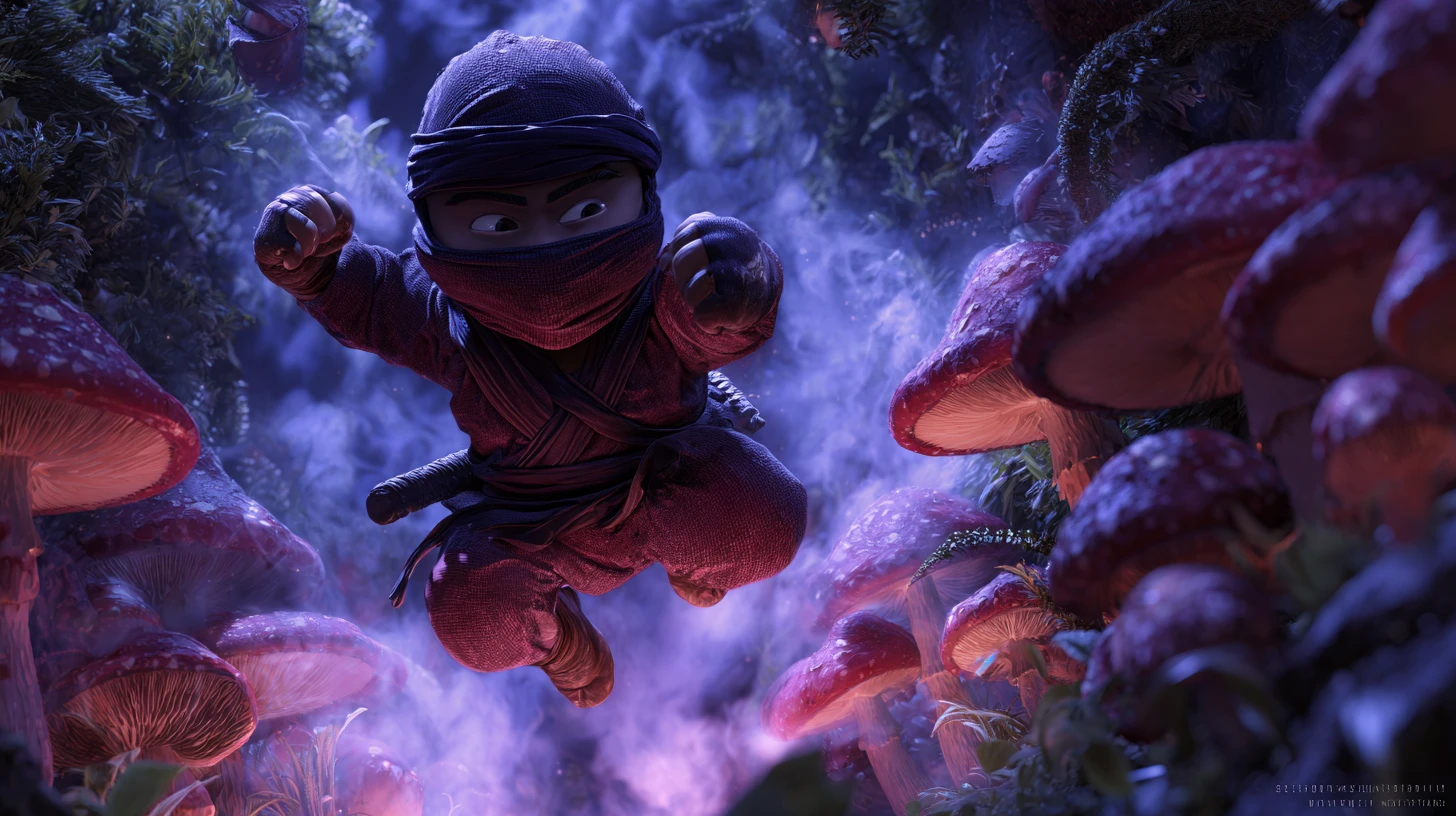 Flying mushroom ninja kicking through a moonlit garden