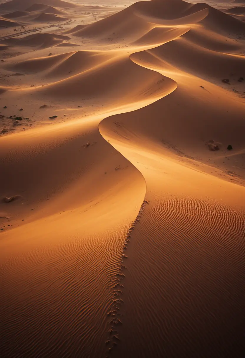 Aerial view of rolling sand dunes at warm sunset light