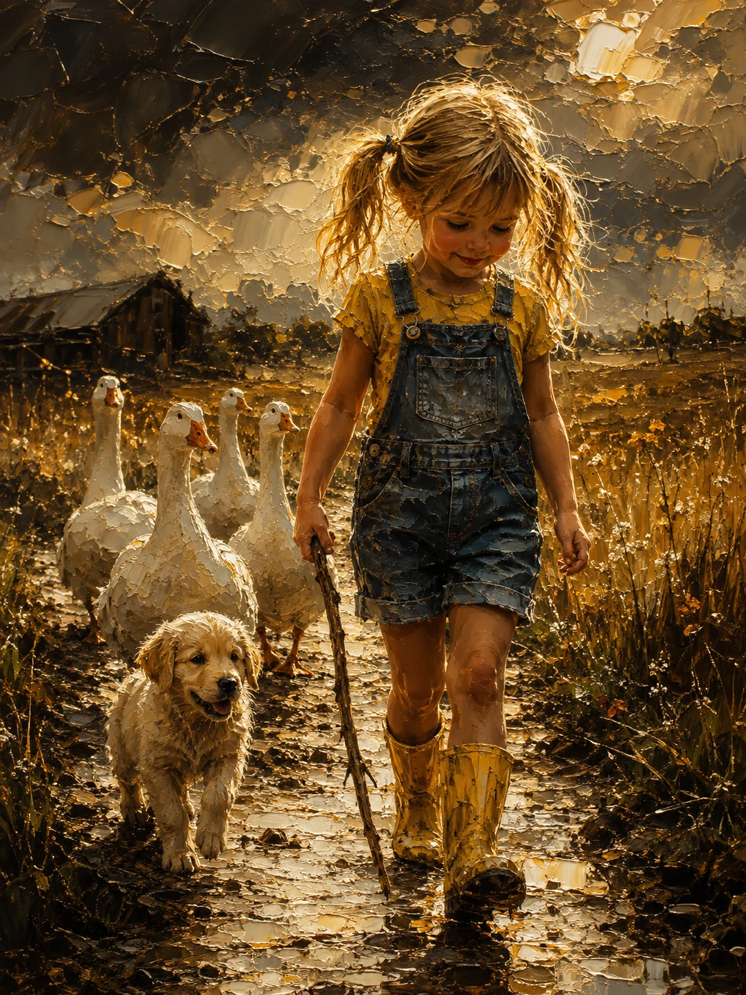 Country girl walking with geese and puppy in a field