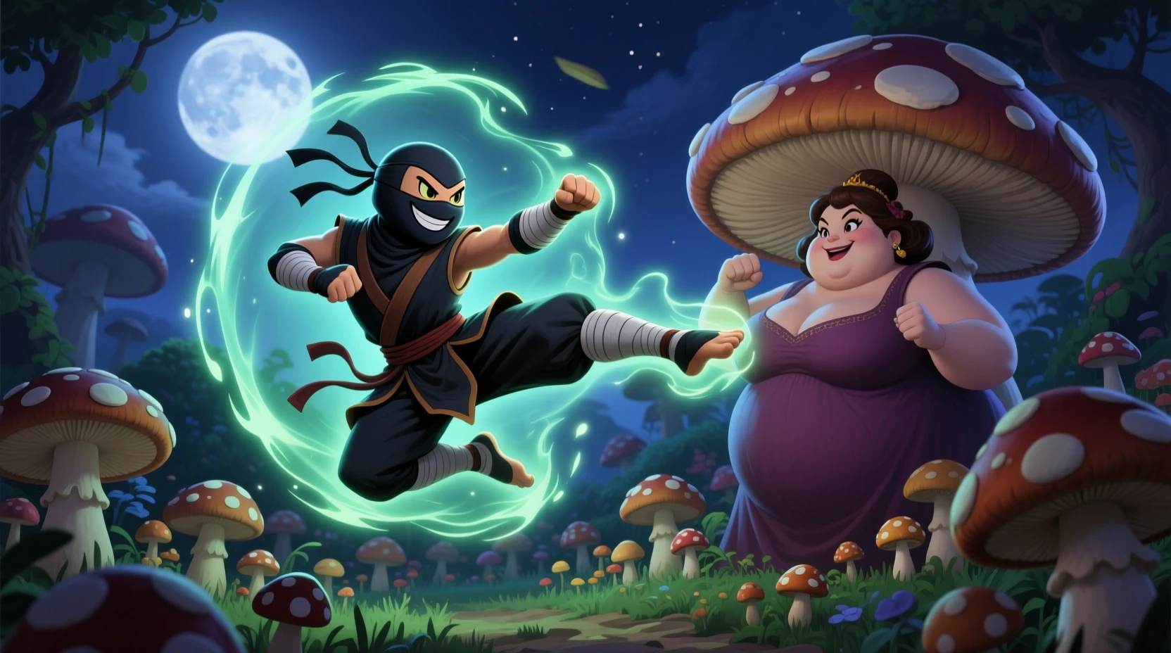 Ninja mushroom warrior kicking through a moonlit garden