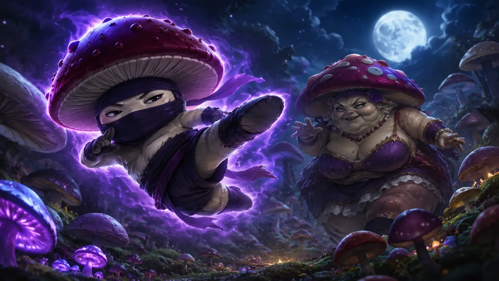Ninja fungo con calcio volante in un giardino fantasy al chiaro di luna