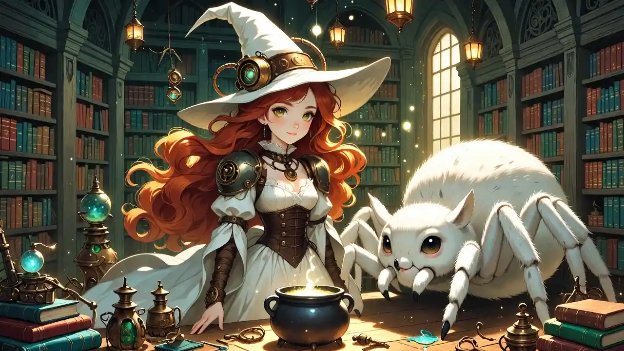 White steampunk witch in a magical library with spider companion
