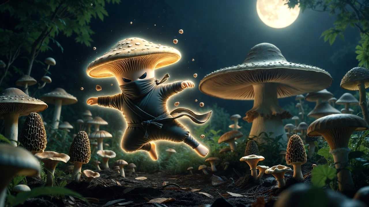 Flying mushroom ninja kicking through a moonlit garden