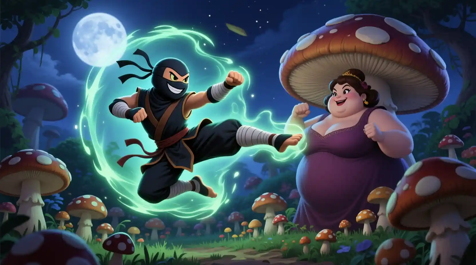 Ninja mushroom warrior kicking through a moonlit garden