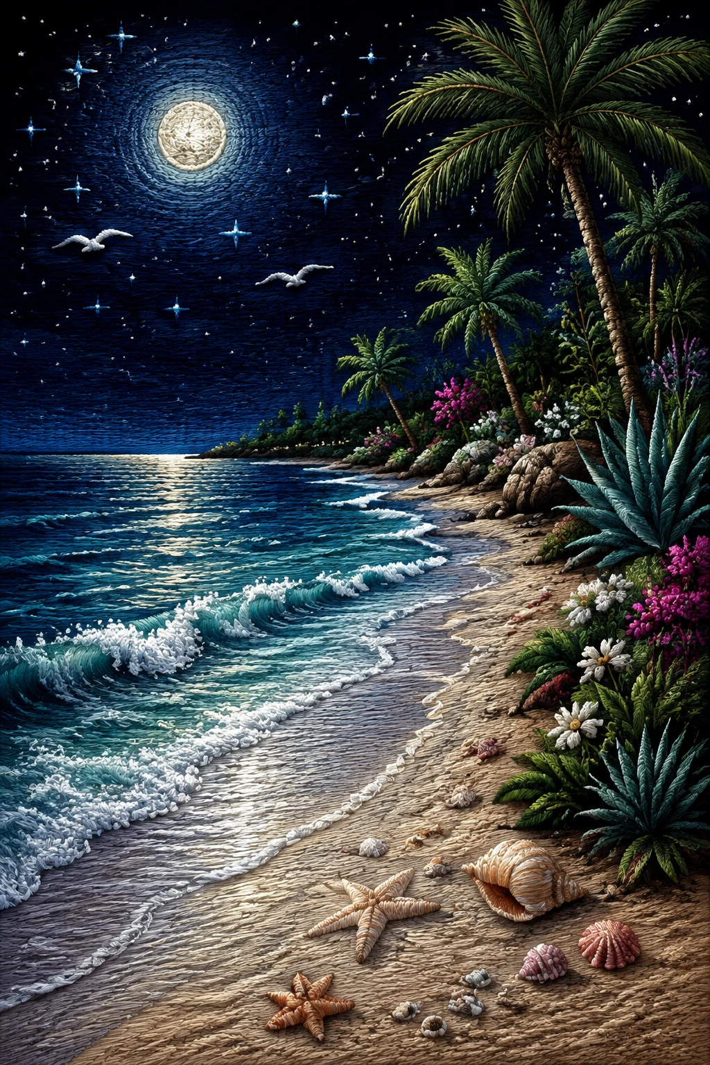 Embroidered night seascape with moonlit mediterranean beach