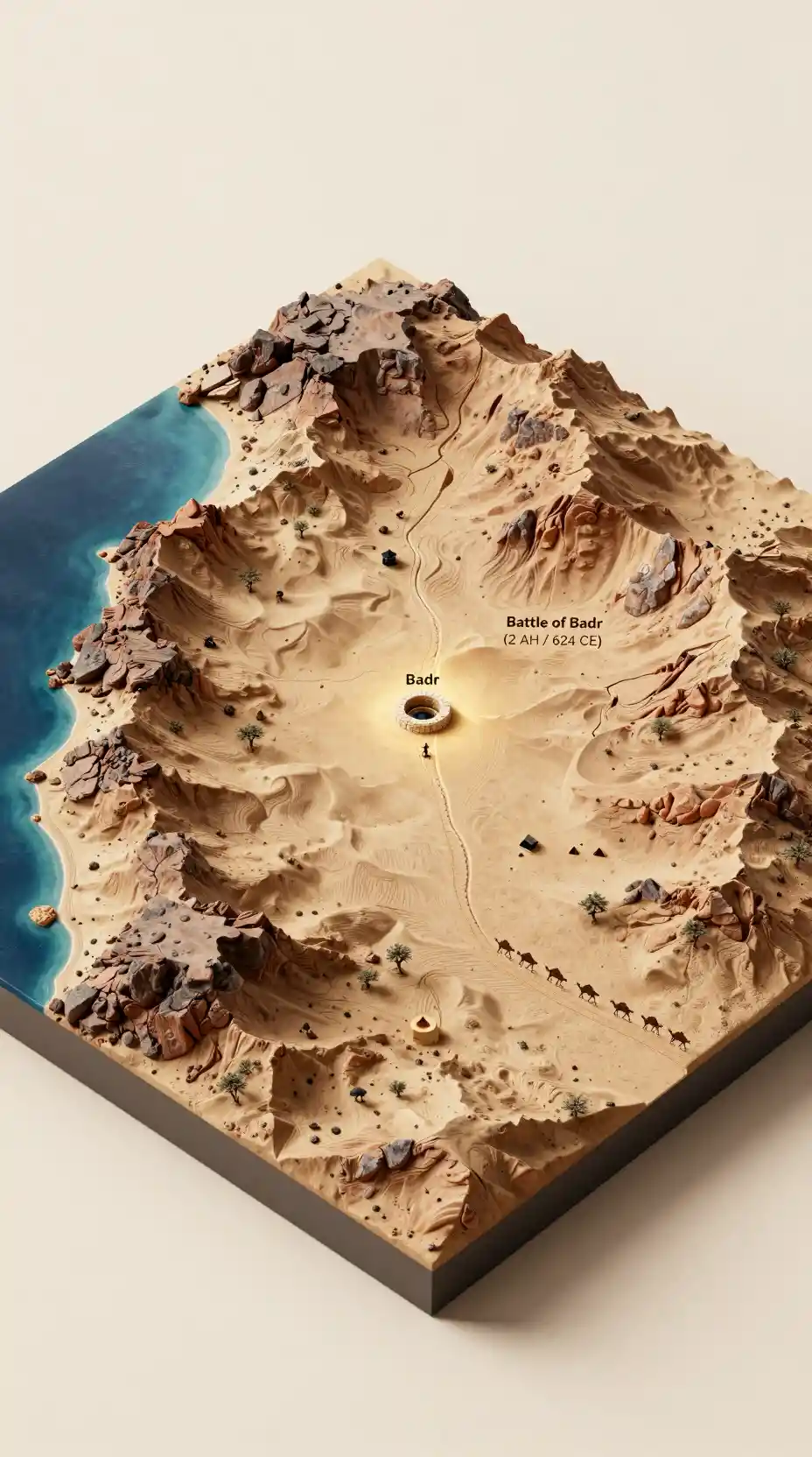 Isometric desert valley diorama of the Badr region