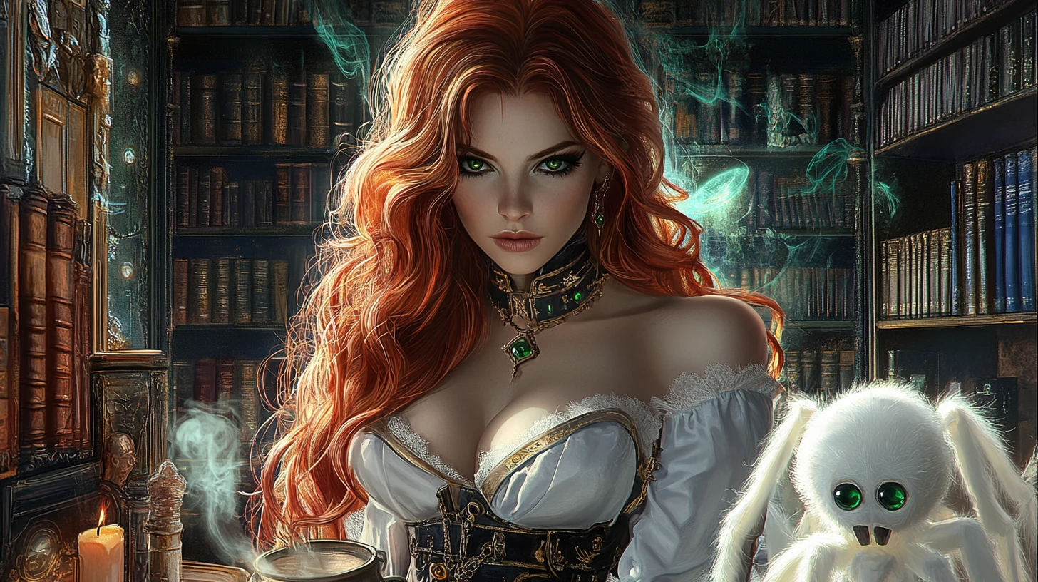 Red haired steampunk witch in a white gown in library