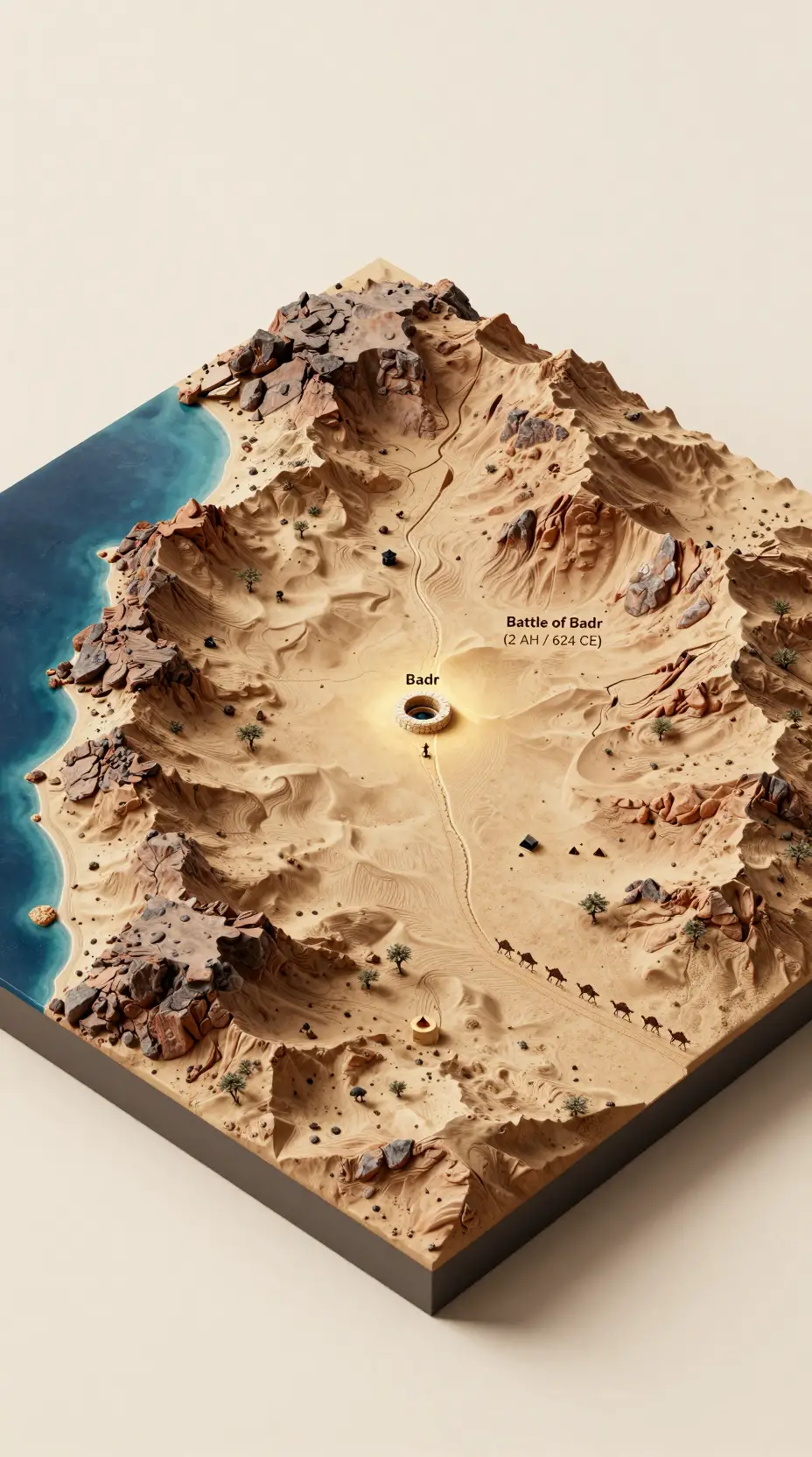 Isometric desert valley diorama of the Badr region
