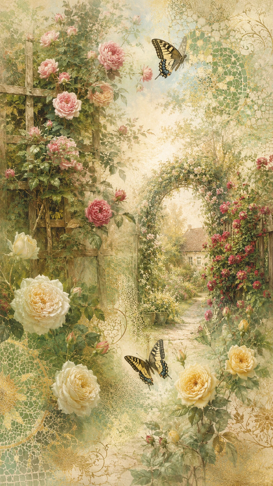 Climbing roses on garden trellises in fine art illustration