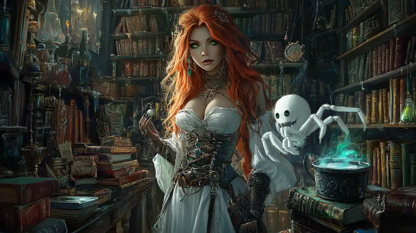 Steampunk white witch beside cauldron in magic library