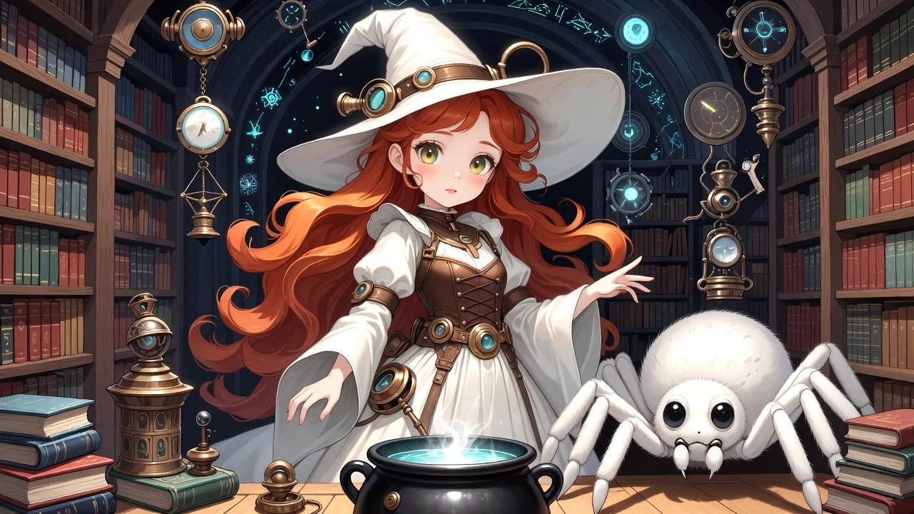 Red haired steampunk witch in a white gown in her library