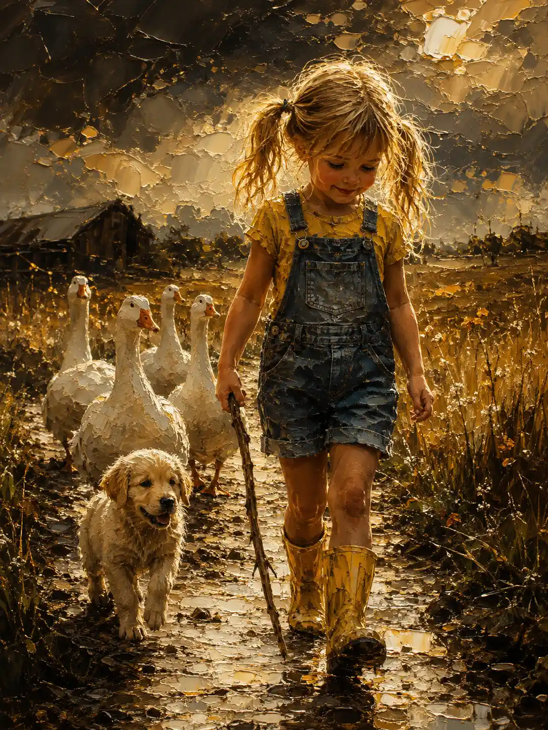 Country girl walking with geese and puppy in a field