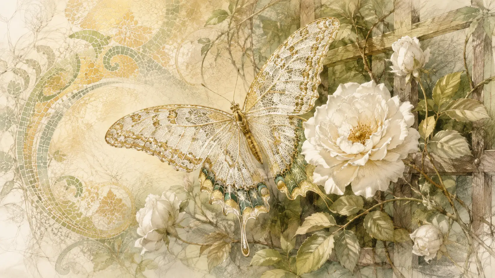 Delicate lace butterfly resting on white climbing rose trellis