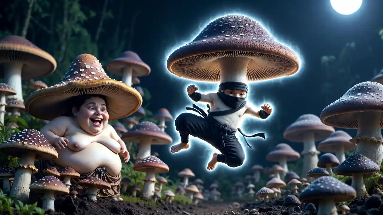 Mushroom Ninja Kicking Through A Moonlit Fantasy Garden