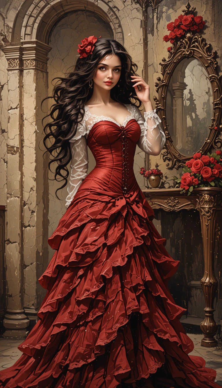 Young woman in red victorian dress in rustic interior