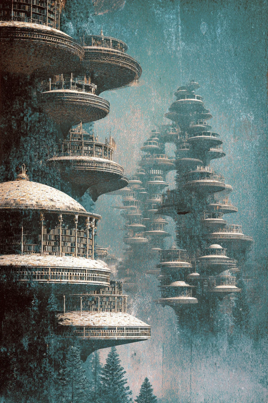 Surreal Fantasy Library Rising From A Mythical Drowned City