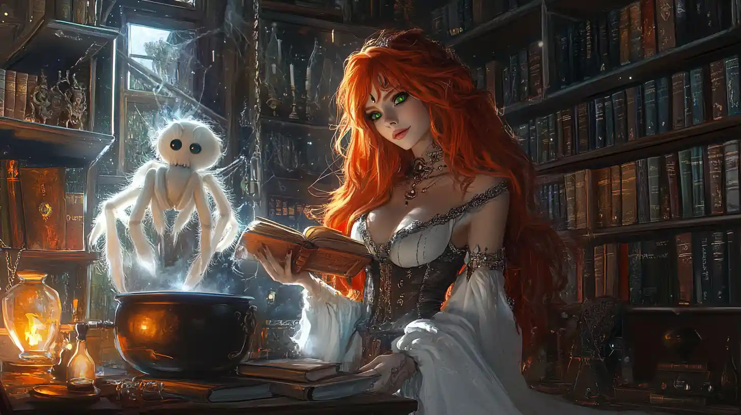 Red haired steampunk witch in a white gown conjuring magic
