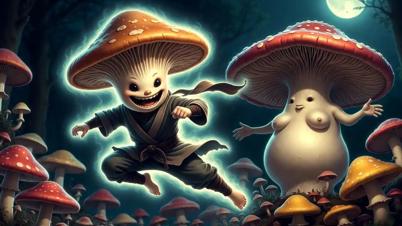 Fantasy mushroom ninja flying through a moonlit garden